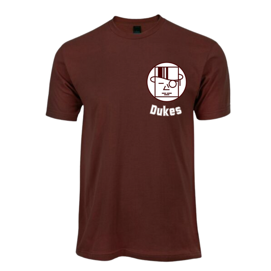 Brown t-shirt with a logo and text on a white background