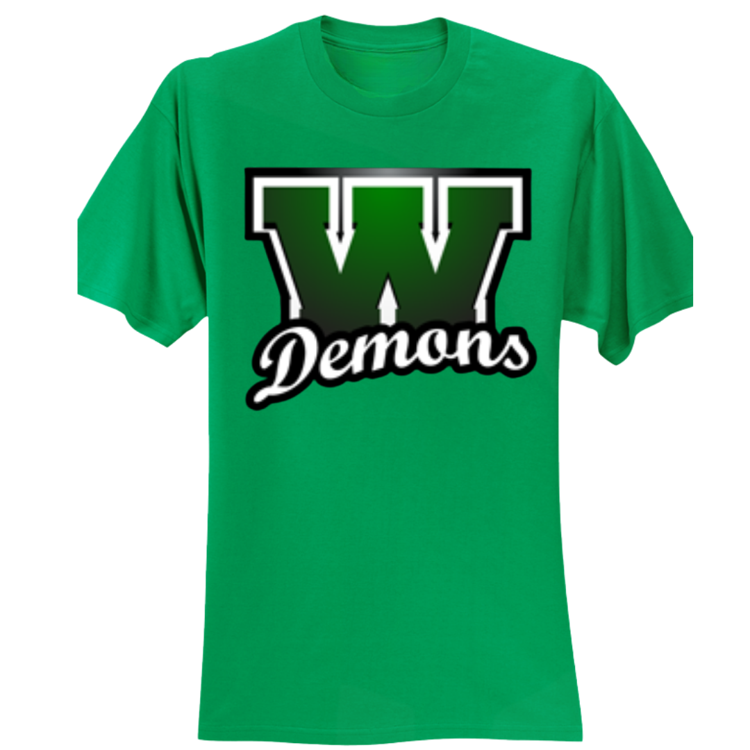 Green t-shirt with 'W Demons' logo on a white background