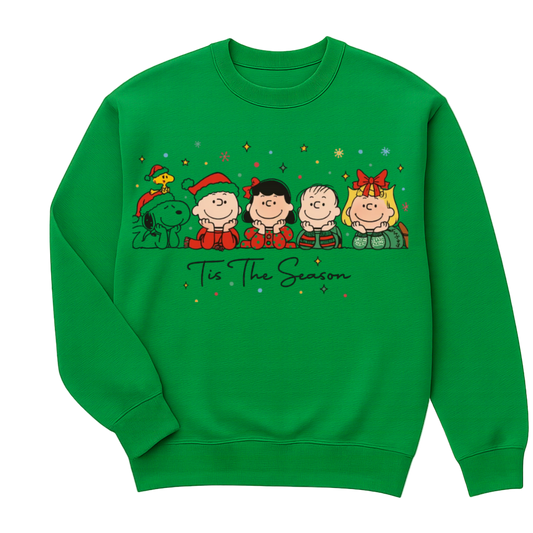 Green sweatshirt with Christmas-themed design featuring cartoon characters and 'Tis The Season text 