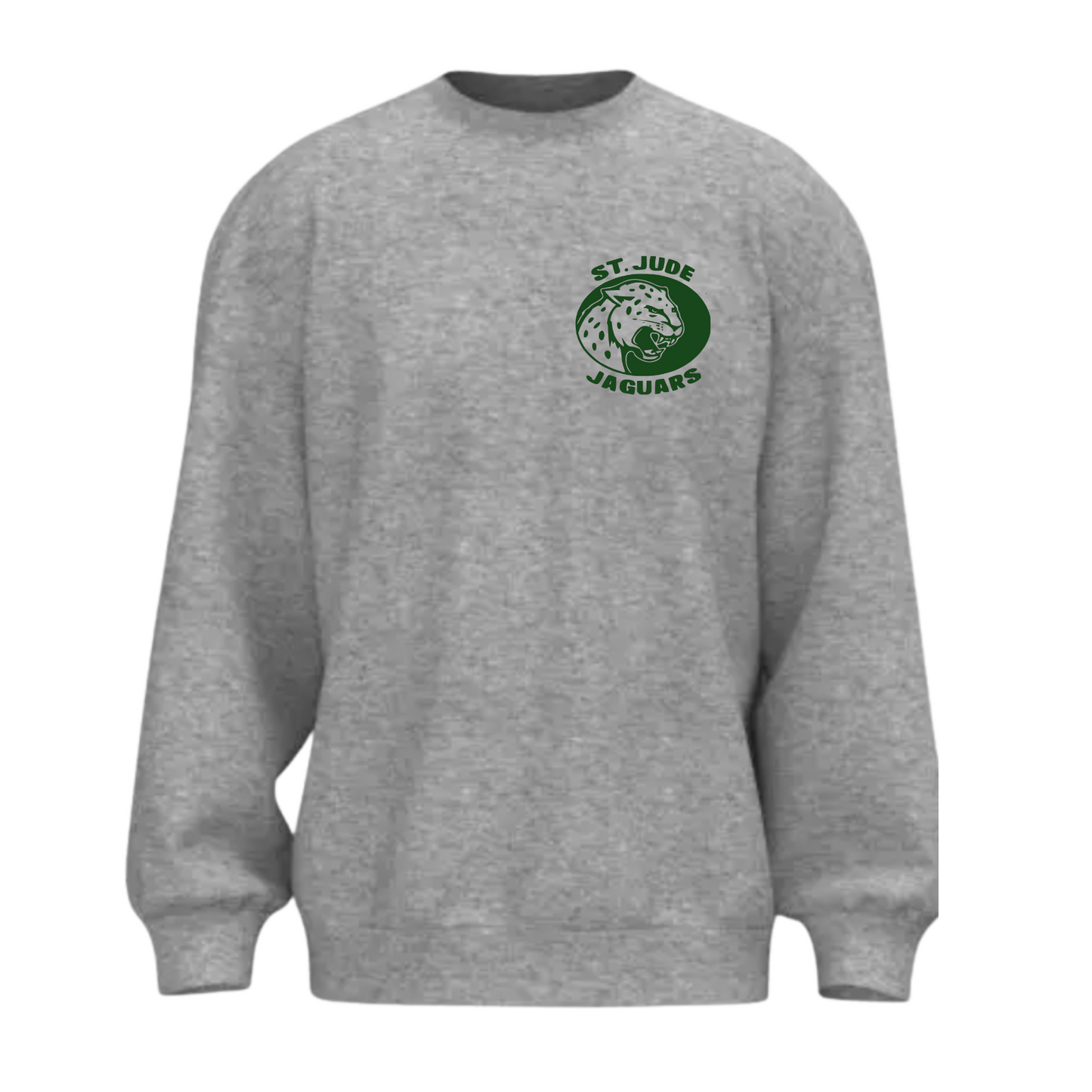 Gray sweatshirt with a green and white logo on a white background