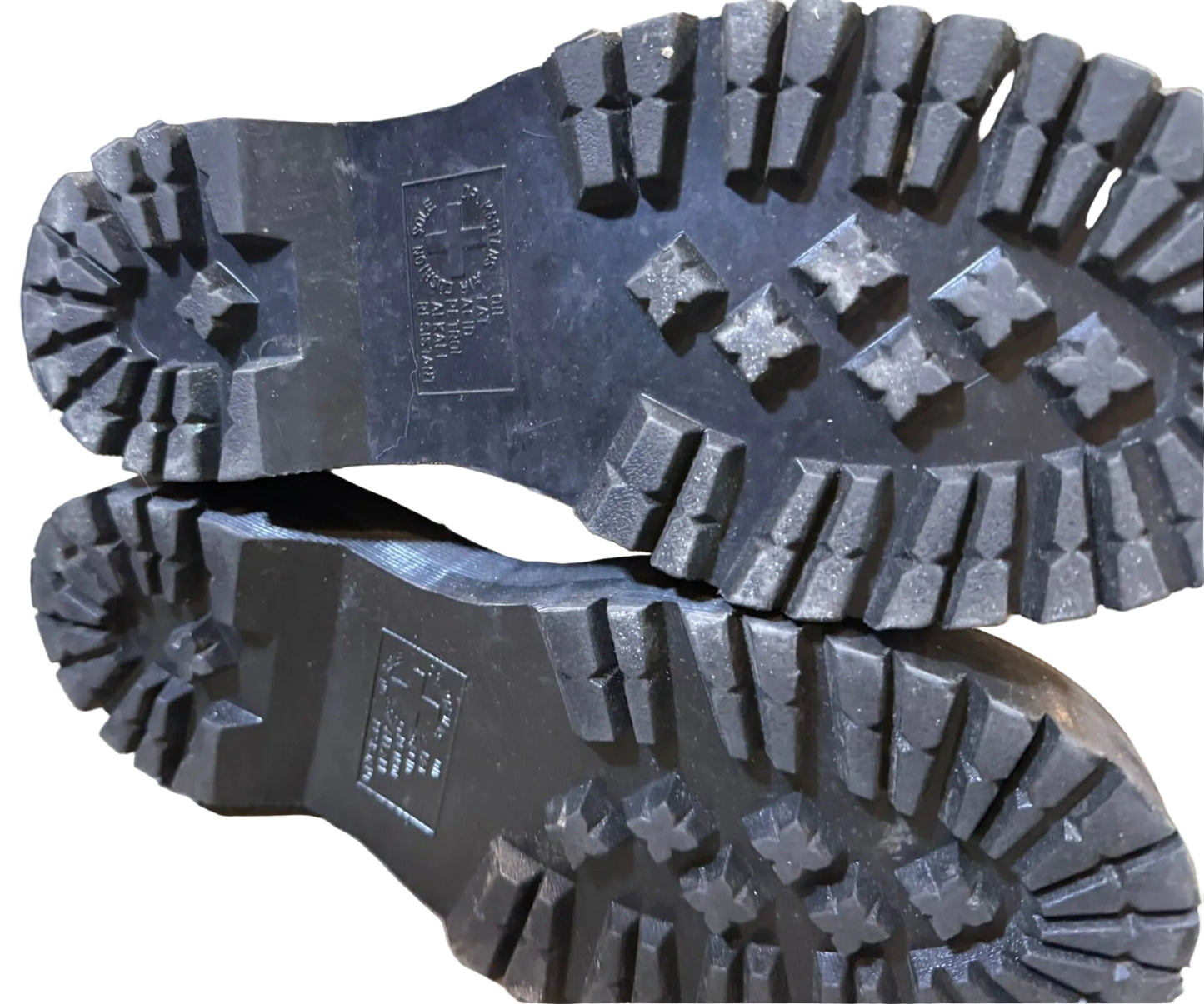 Close-up of black boot soles with tread pattern on a blurred background
