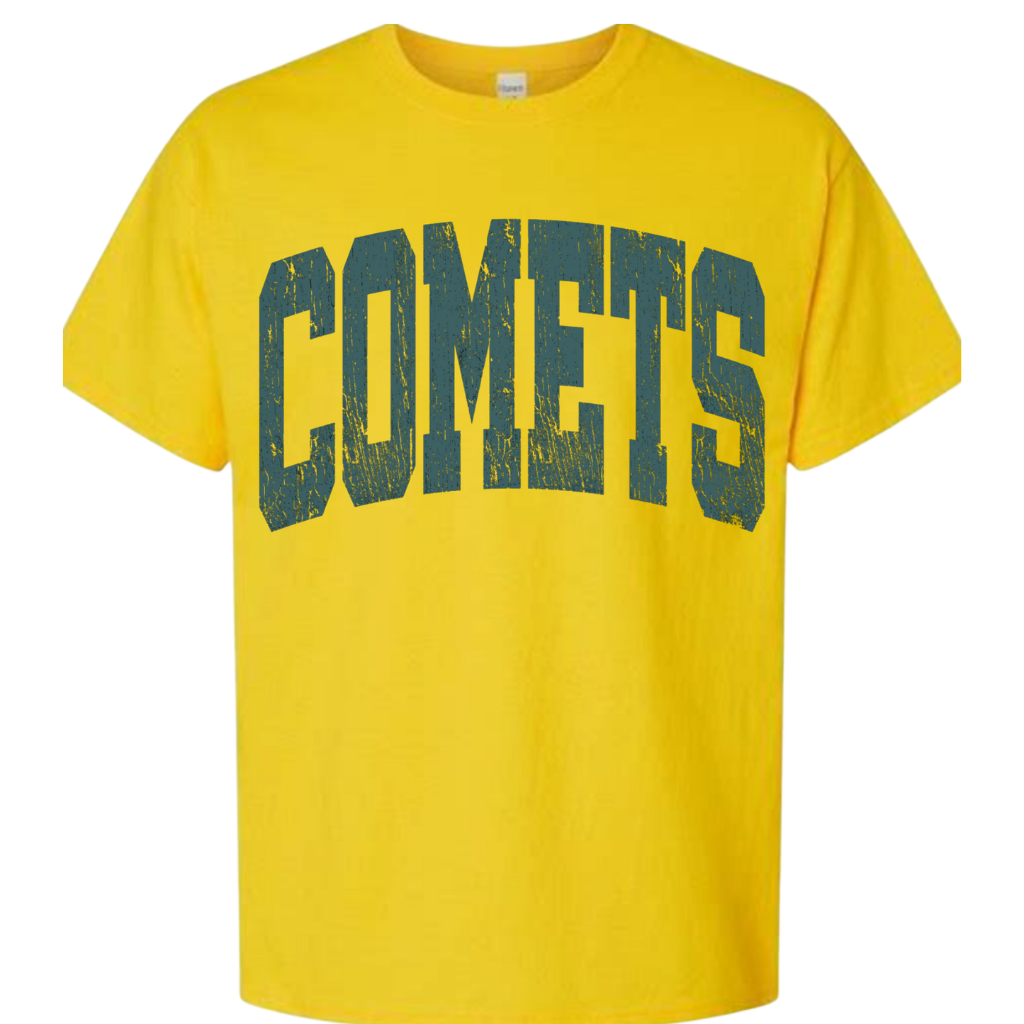 Yellow t-shirt with 'COMETS' printed in green on a white background