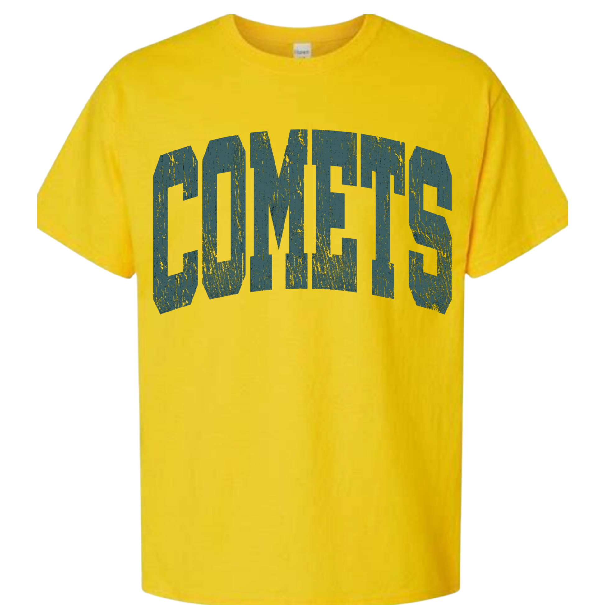 Yellow t-shirt with 'COMETS' printed in green on a white background