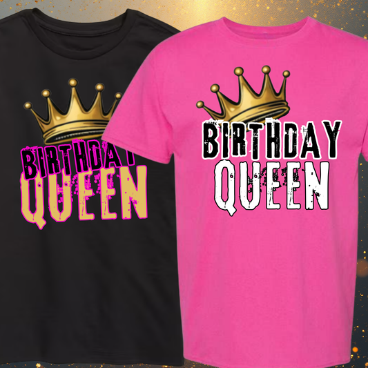 Black and pink t-shirts with 'Birthday Queen' text and crown graphics on a gold glittery background.