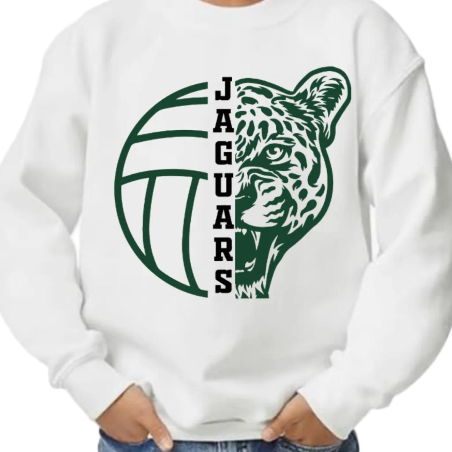 White sweatshirt with a green jaguar logo and 'Jaguars' text on a white background