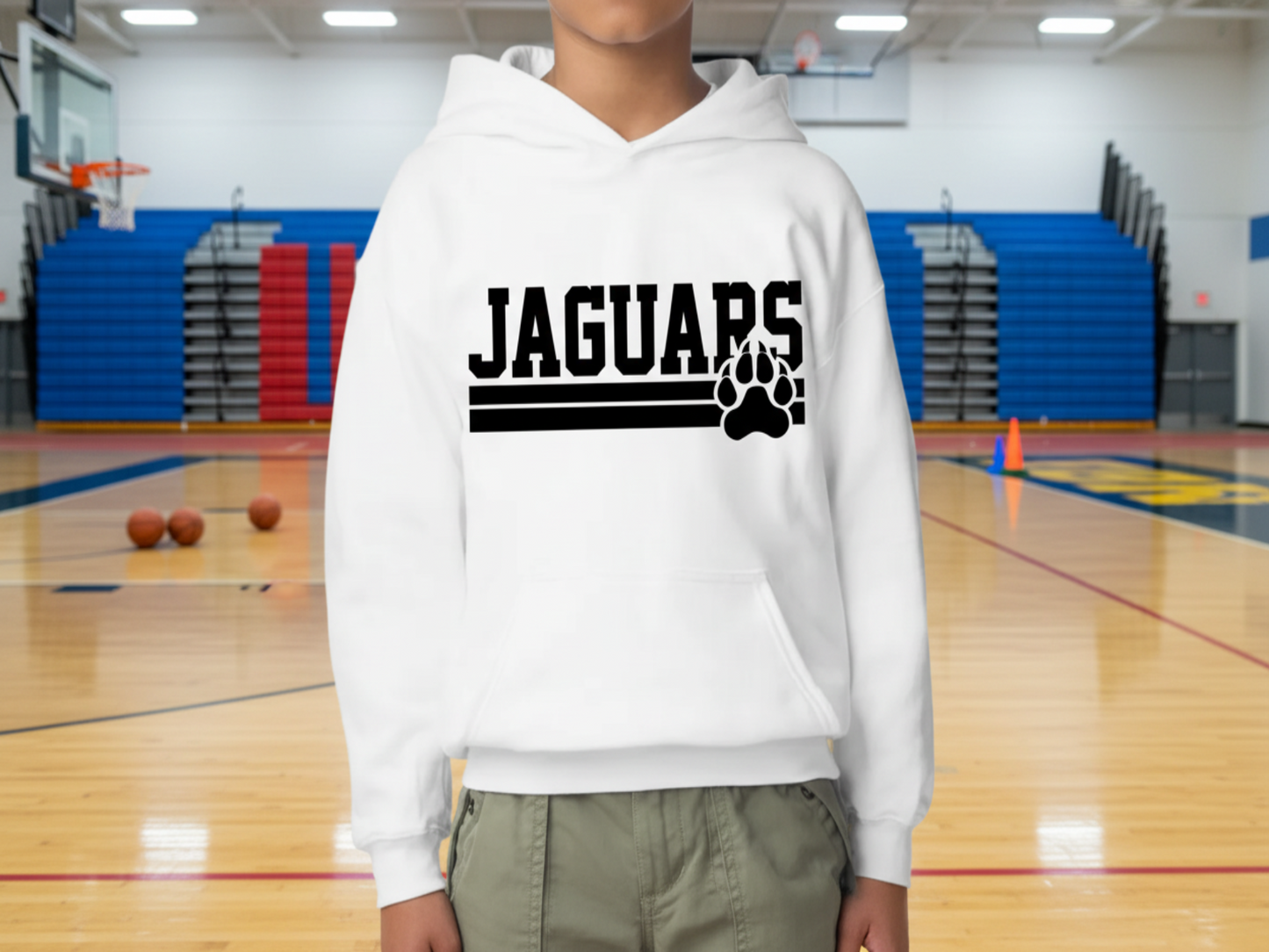 White hoodie with 'Jaguars' and paw print design on a white background