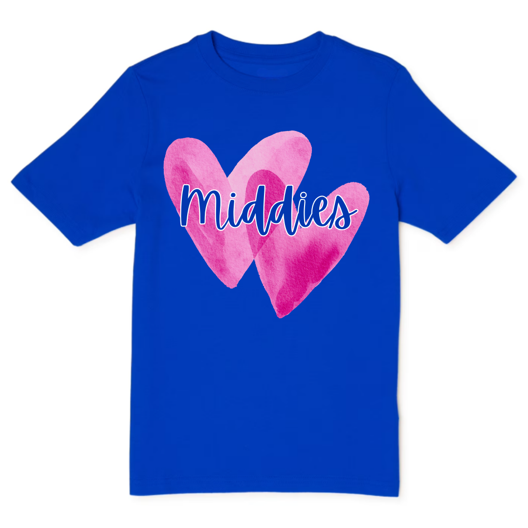 Blue t-shirt with pink hearts and 'Middies' text on a white background