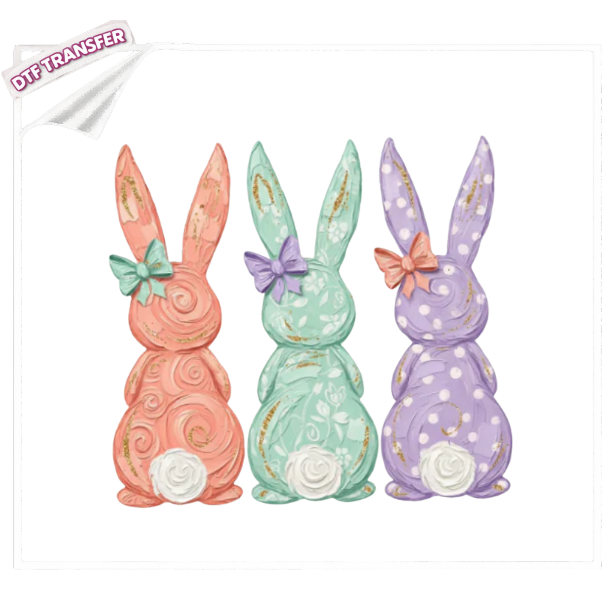 Three decorative bunny figures in pastel colors with floral details on a white background.