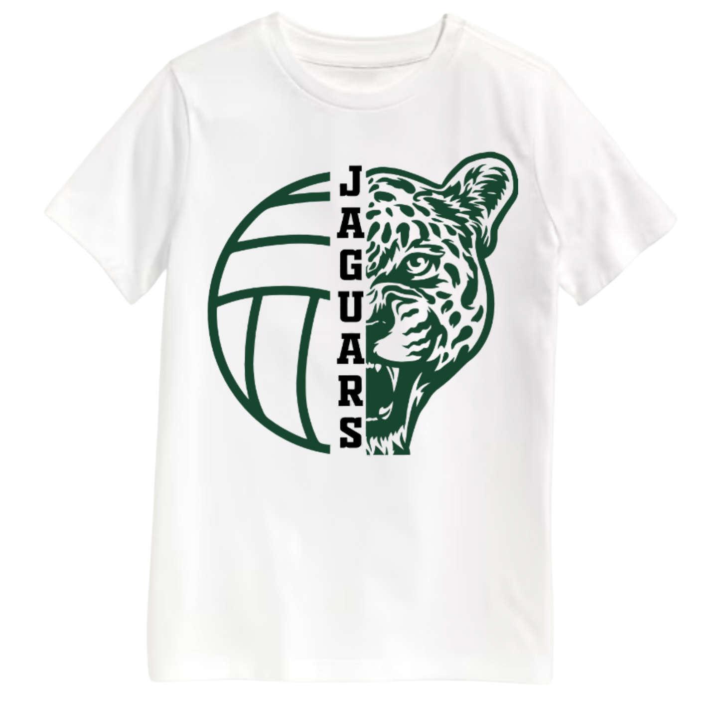 White t-shirt with green jaguar design and 'Jaguars' text on a white background