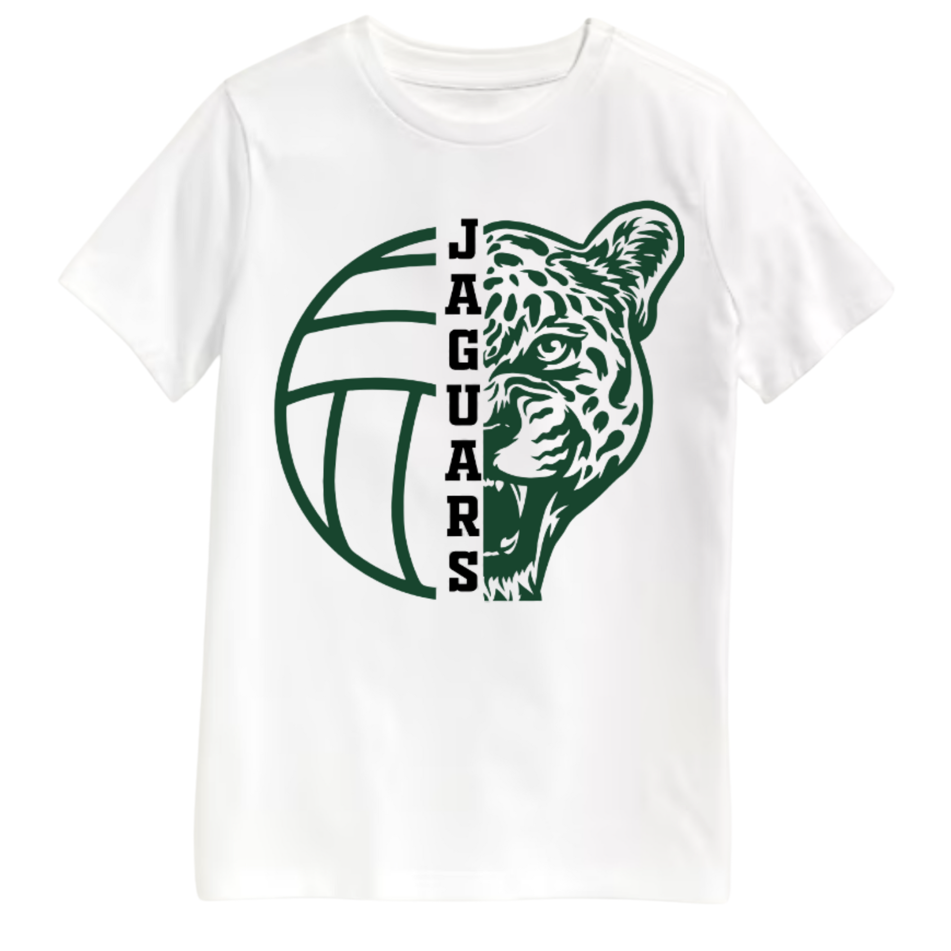 White t-shirt with green jaguar design and 'Jaguars' text on a white background