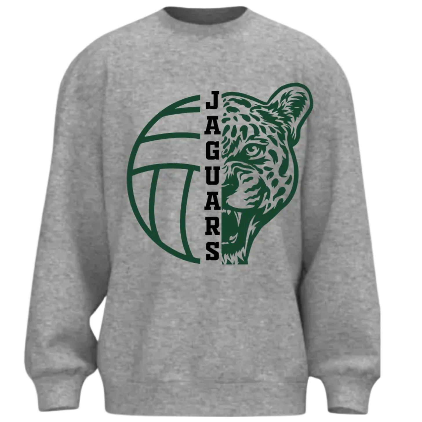 Gray sweatshirt with green jaguar logo and 'Jaguars' text on a white background